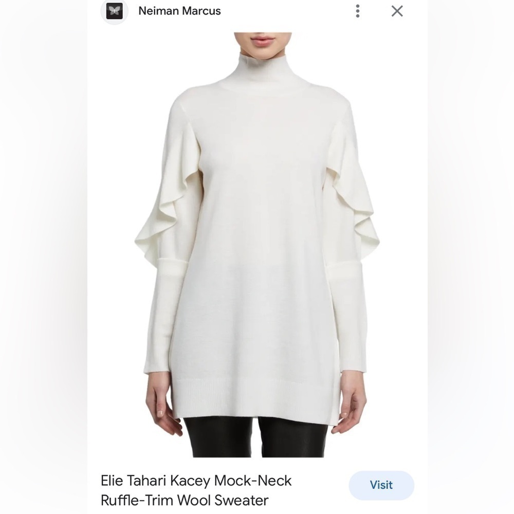 ELIE Tahari Kacey Mock Neck Riffle Trim Sweater 100% Merino Wool